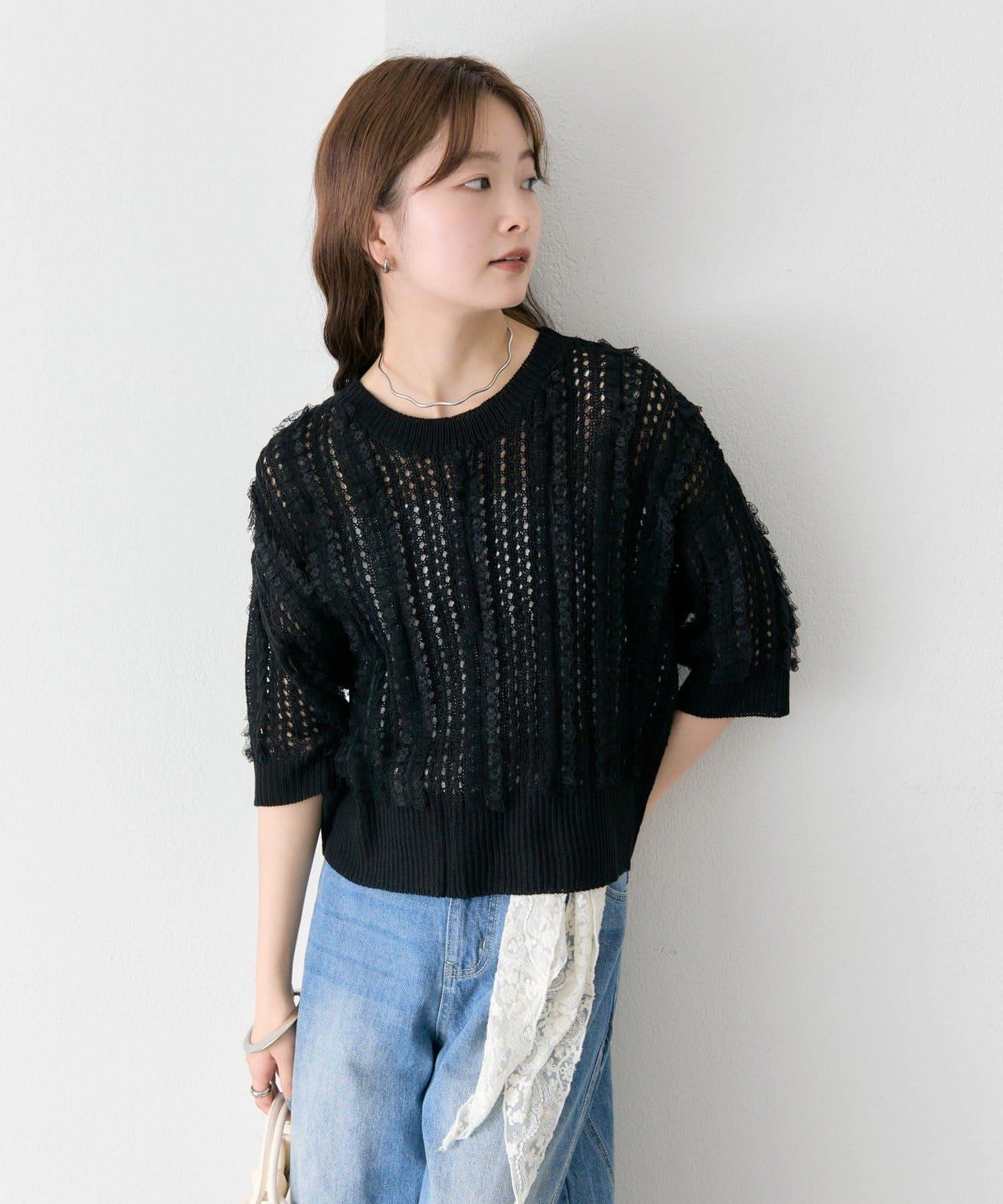 荷葉邊裝飾 針織 短袖針織衫