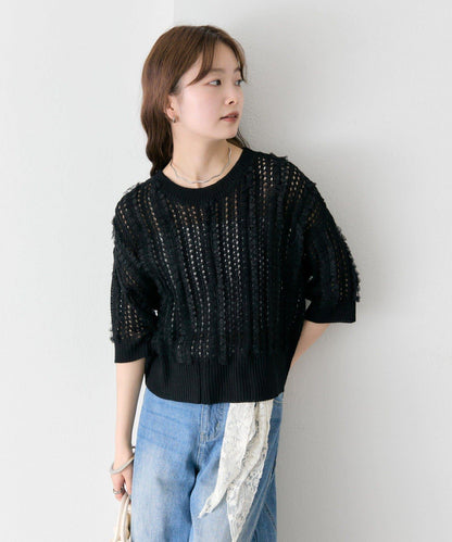 荷葉邊裝飾 針織 短袖針織衫