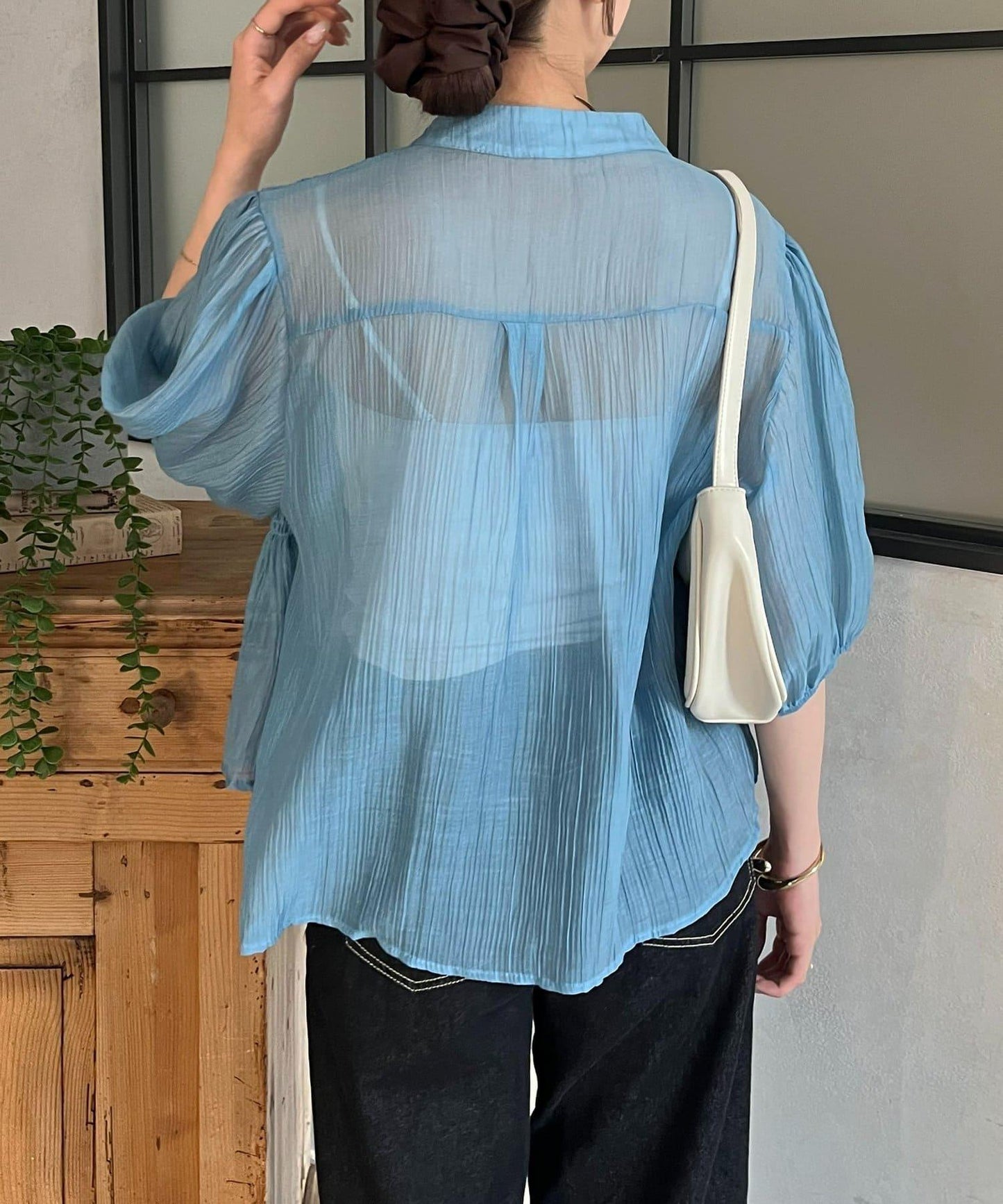 透感抽褶五分袖襯衫