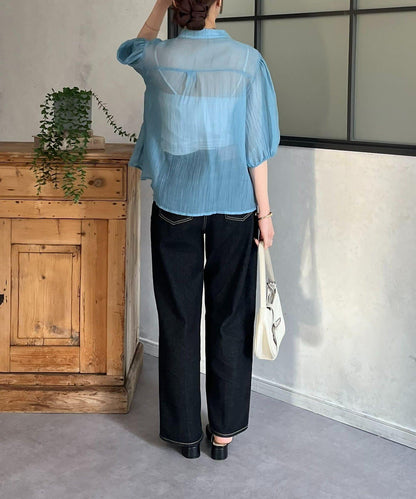 透感抽褶五分袖襯衫