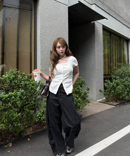 多穿法 前開扣 交叉綁帶 短袖T恤開衫
