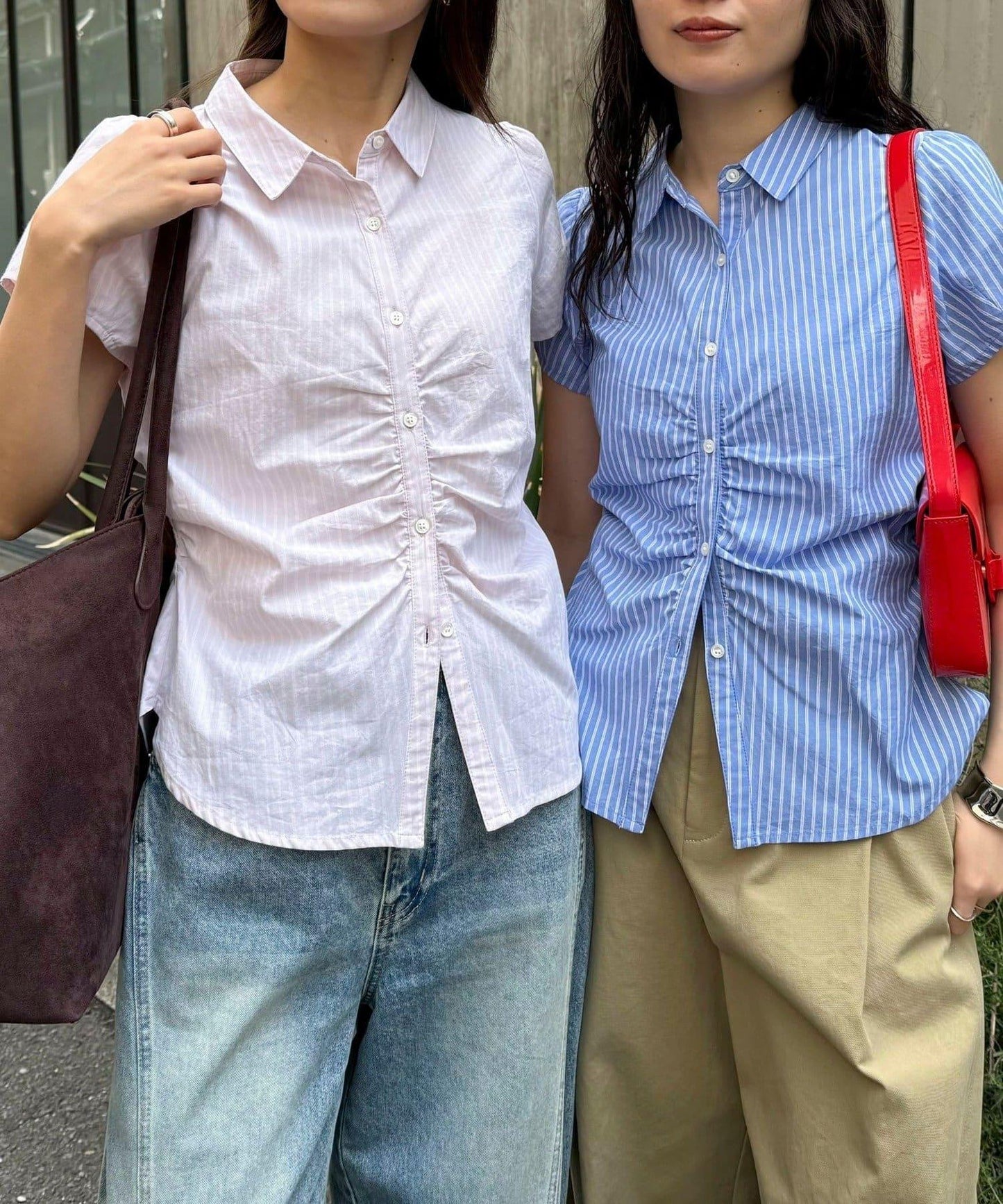 前褶皺短袖 女式襯衫