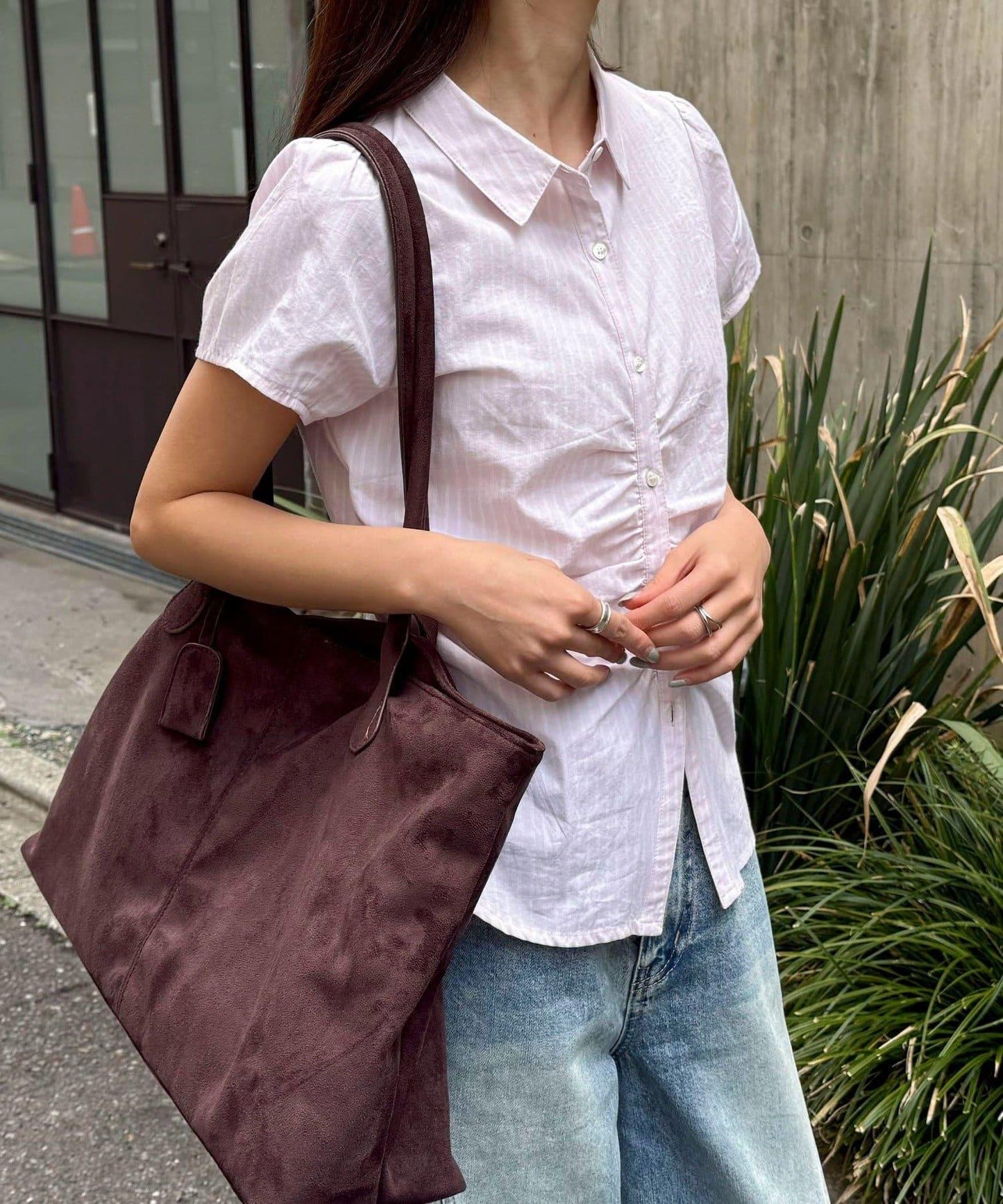 前褶皺短袖 女式襯衫