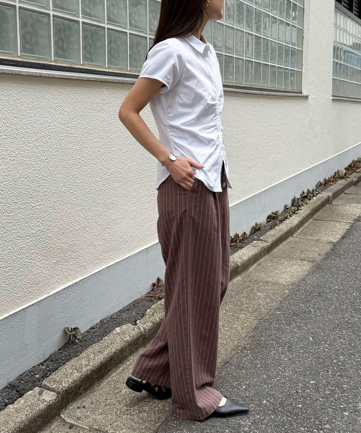 前褶皺短袖 女式襯衫