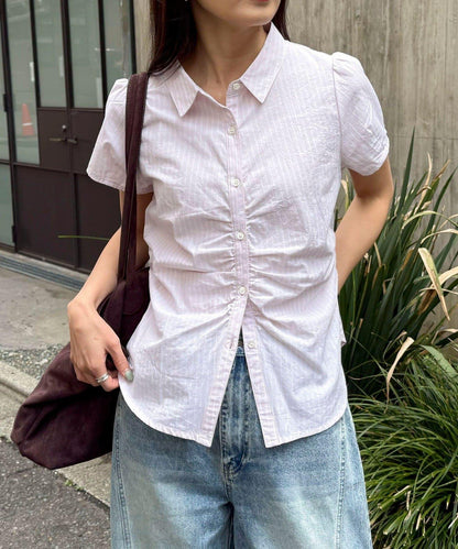 前褶皺短袖 女式襯衫