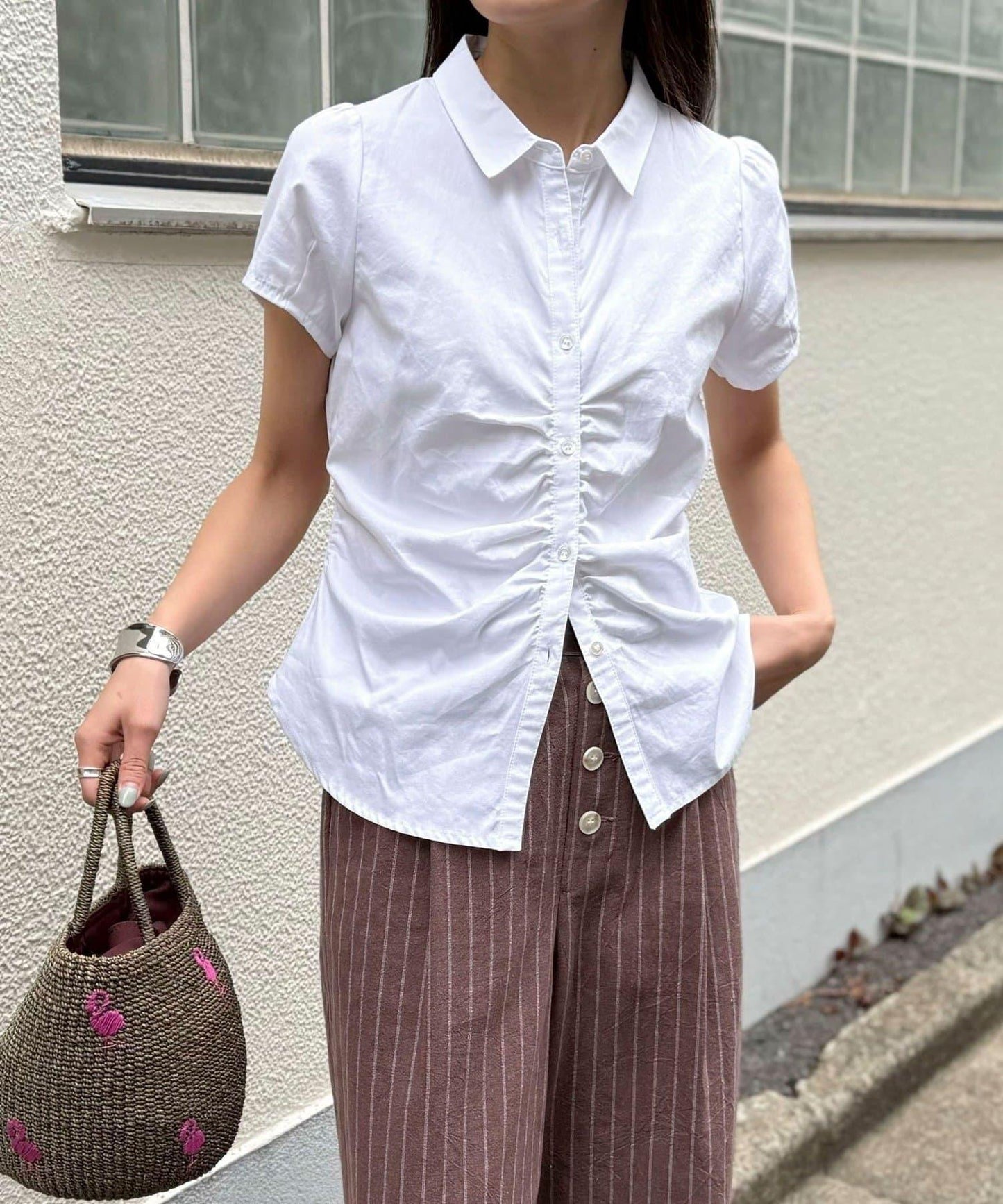 前褶皺短袖 女式襯衫