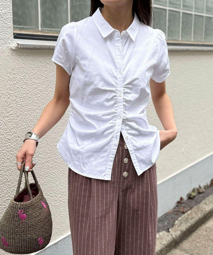前褶皺短袖 女式襯衫