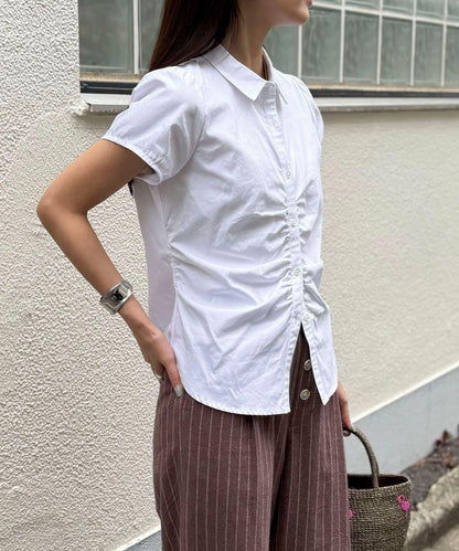 前褶皺短袖 女式襯衫