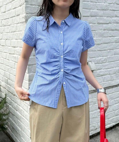 前褶皺短袖 女式襯衫
