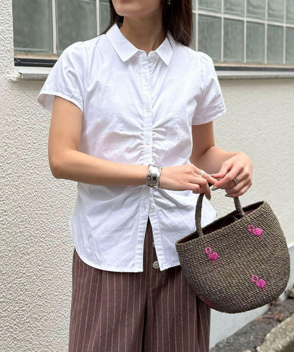 前褶皺短袖 女式襯衫