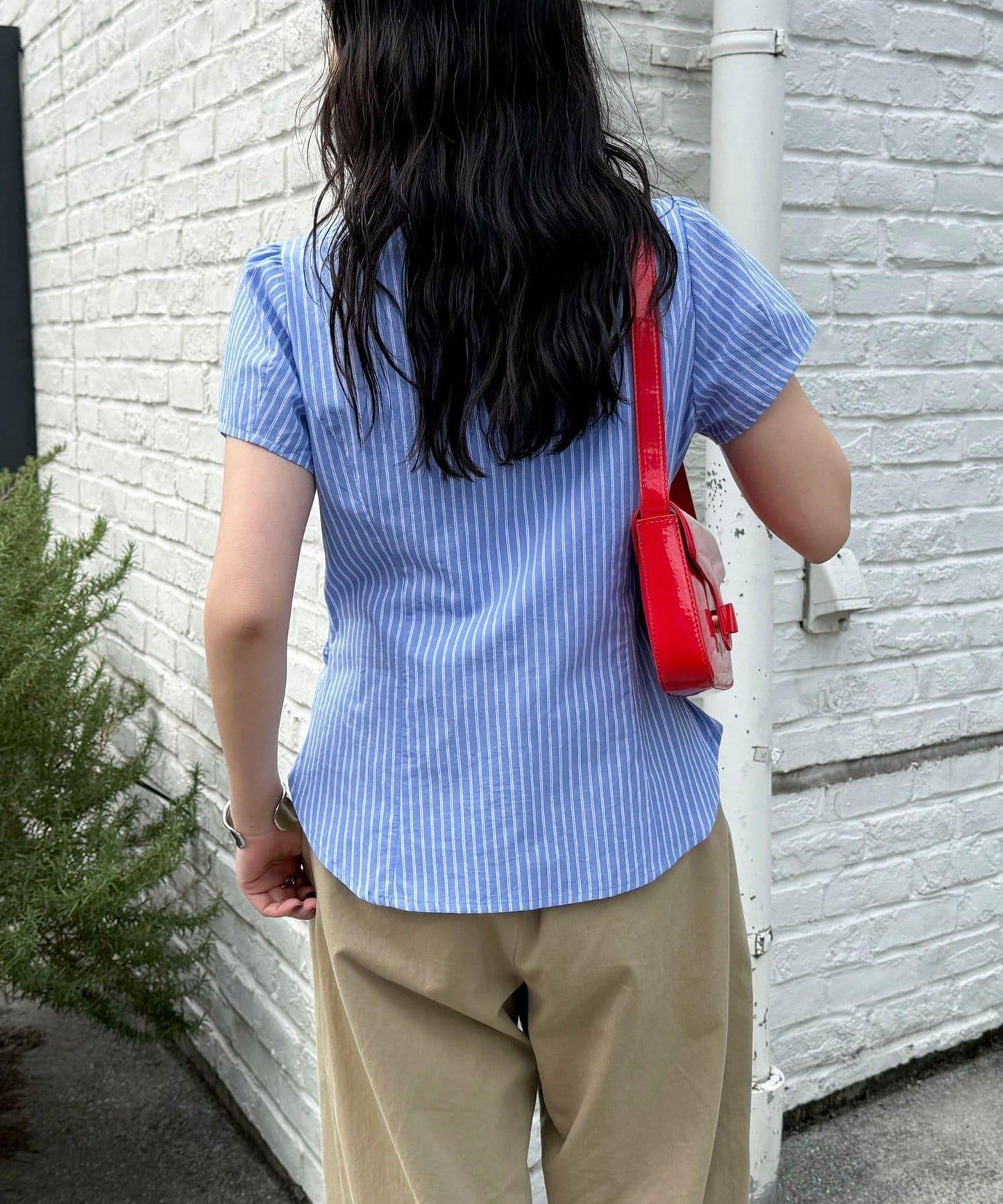 前褶皺短袖 女式襯衫