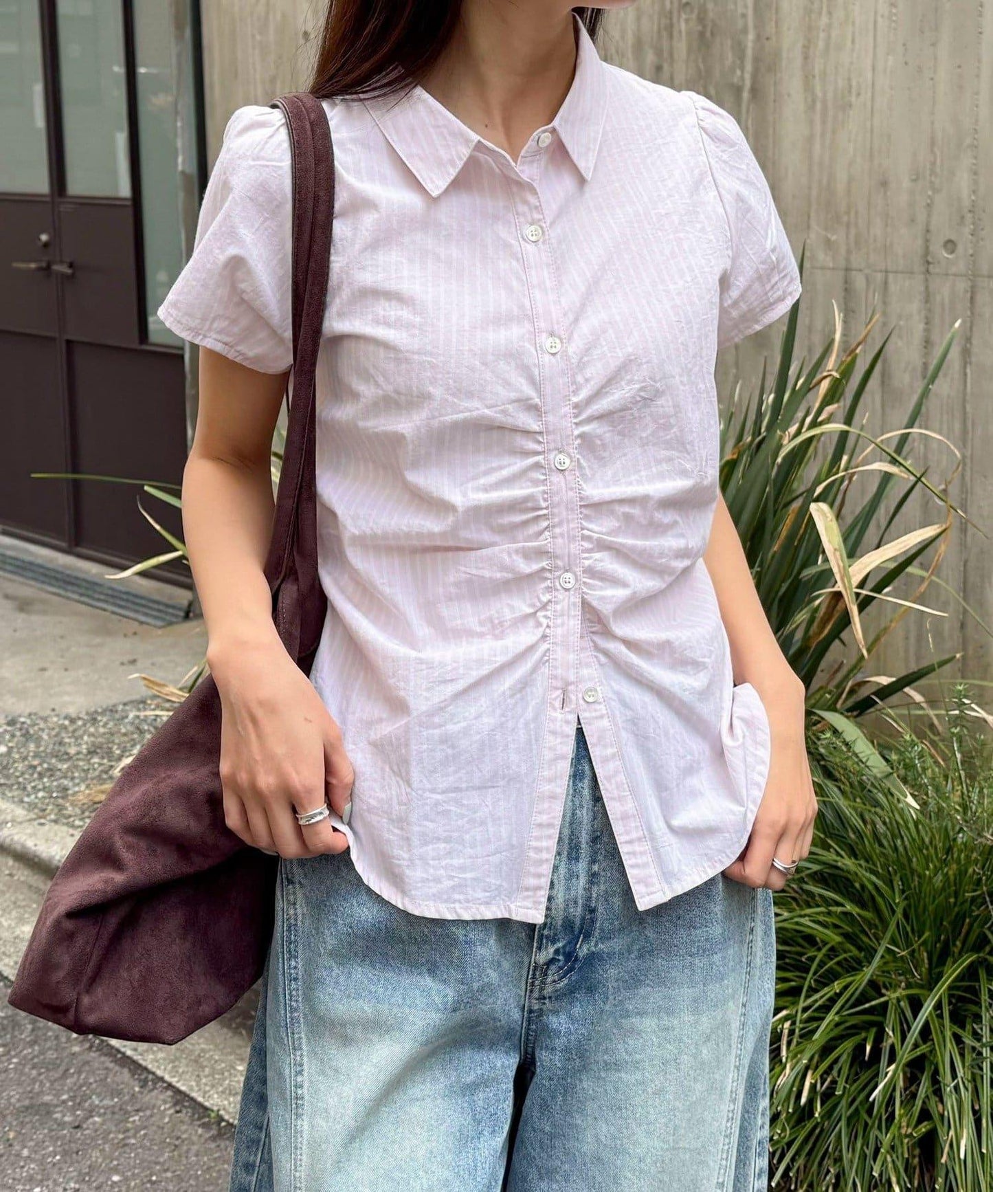 前褶皺短袖 女式襯衫