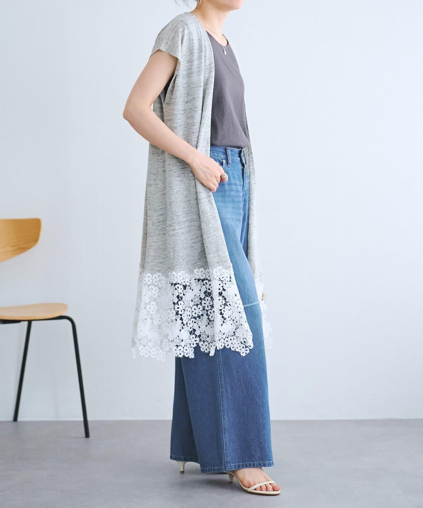 下襬蕾絲 亞麻 針織開衫