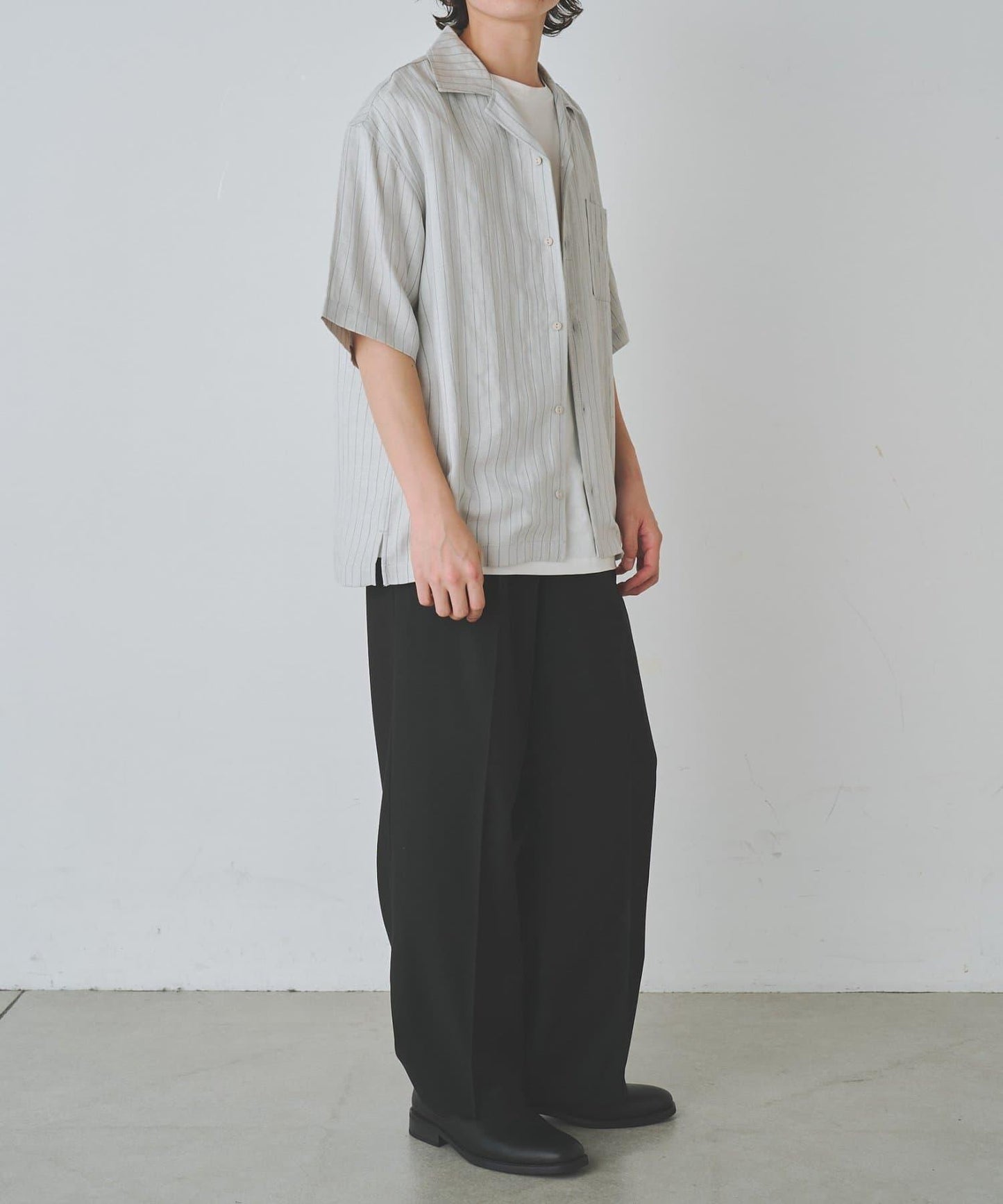麻混條紋開領襯衫