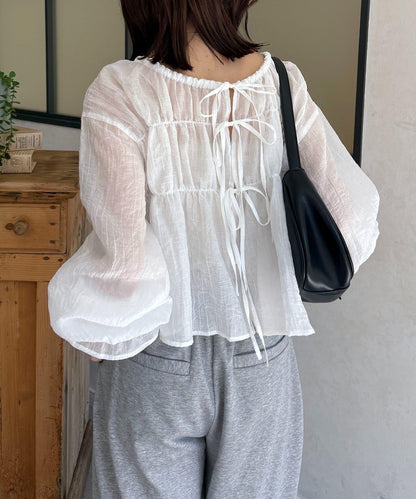 楊柳紋透紗 蝴蝶結抽褶 女式襯衫