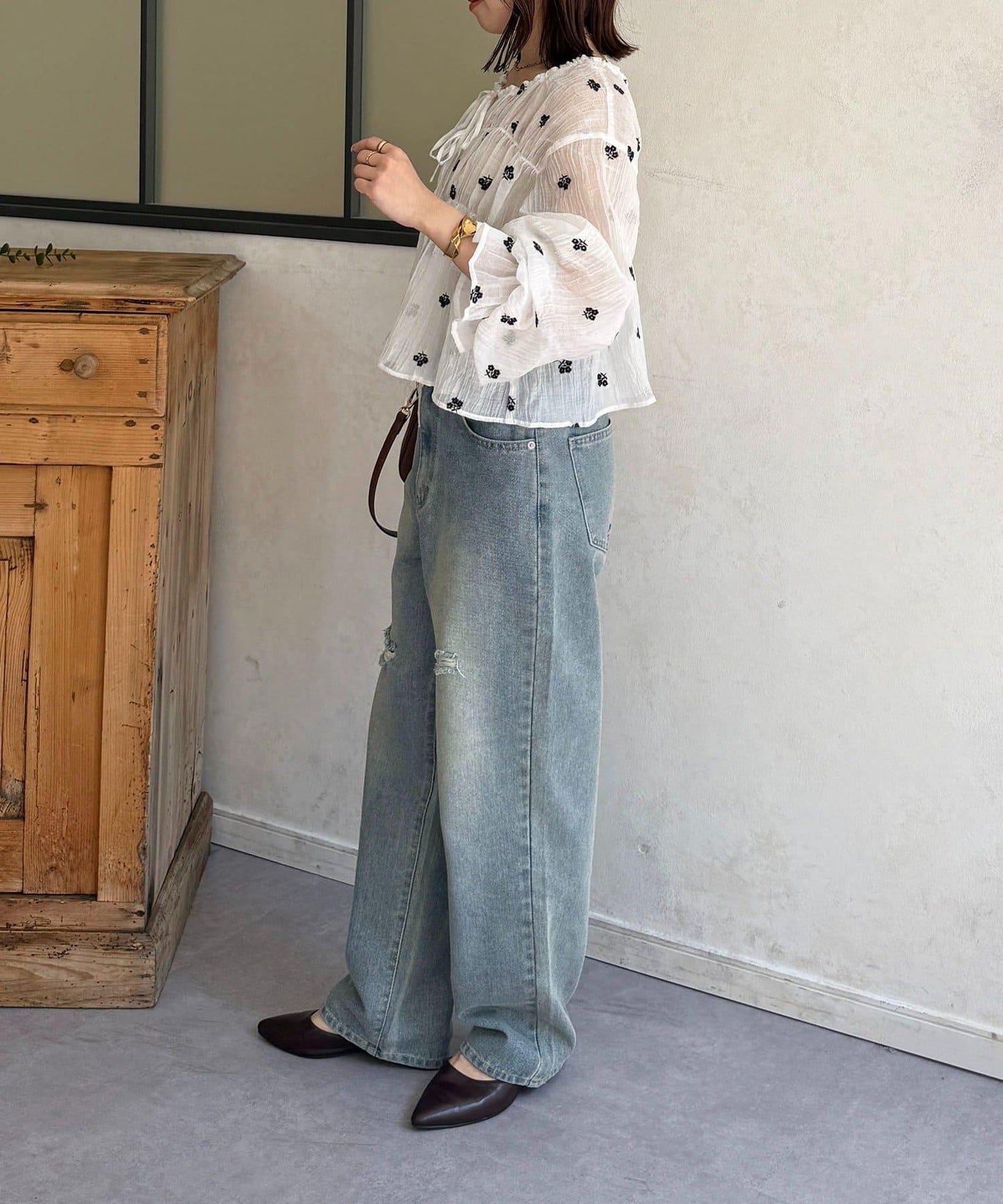 楊柳紋透紗 蝴蝶結抽褶 女式襯衫