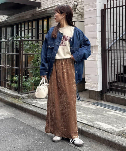 壓皺天鵝絨 生卷邊拼接 半身裙