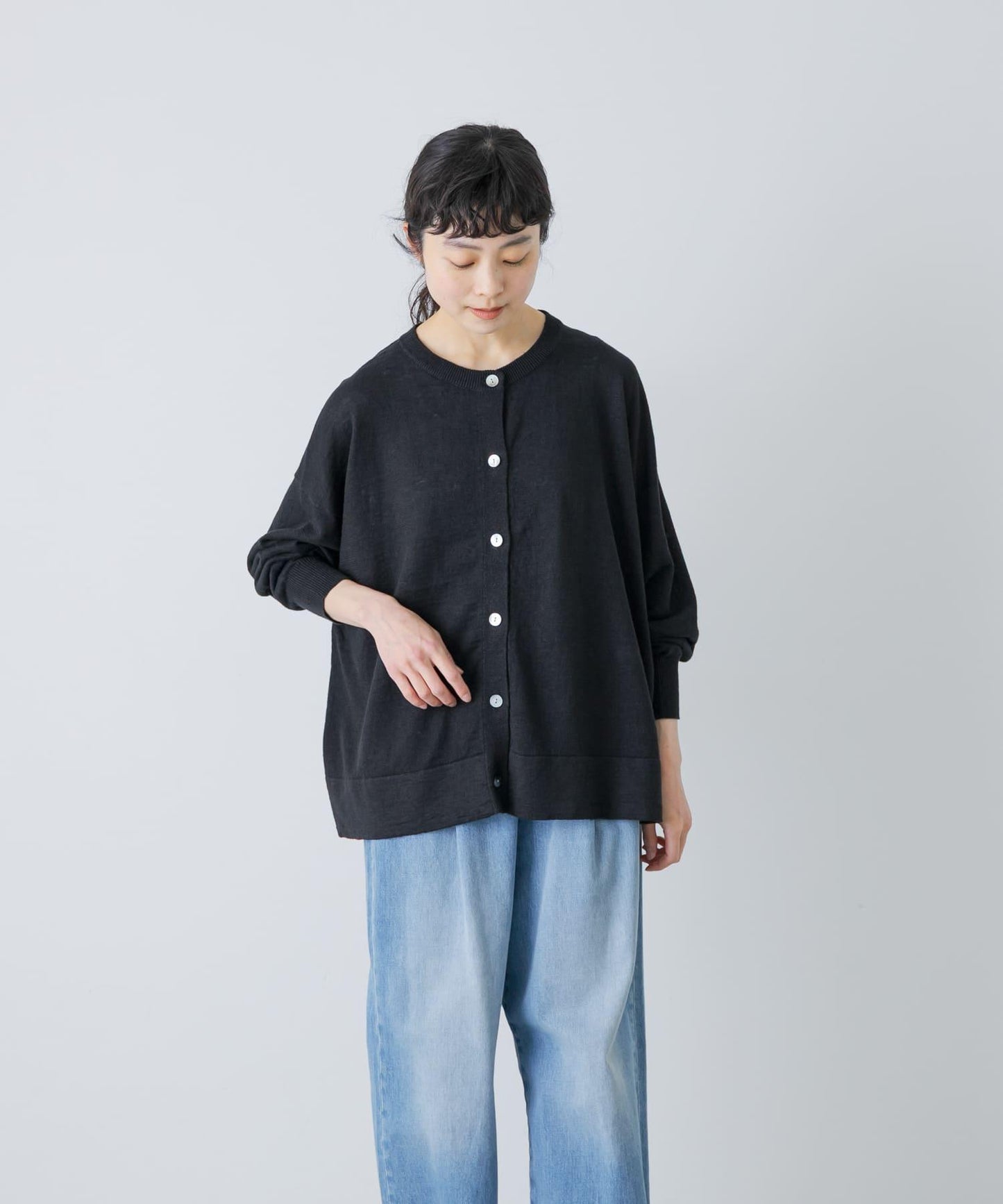 亞麻寬鬆圓領針織開衫