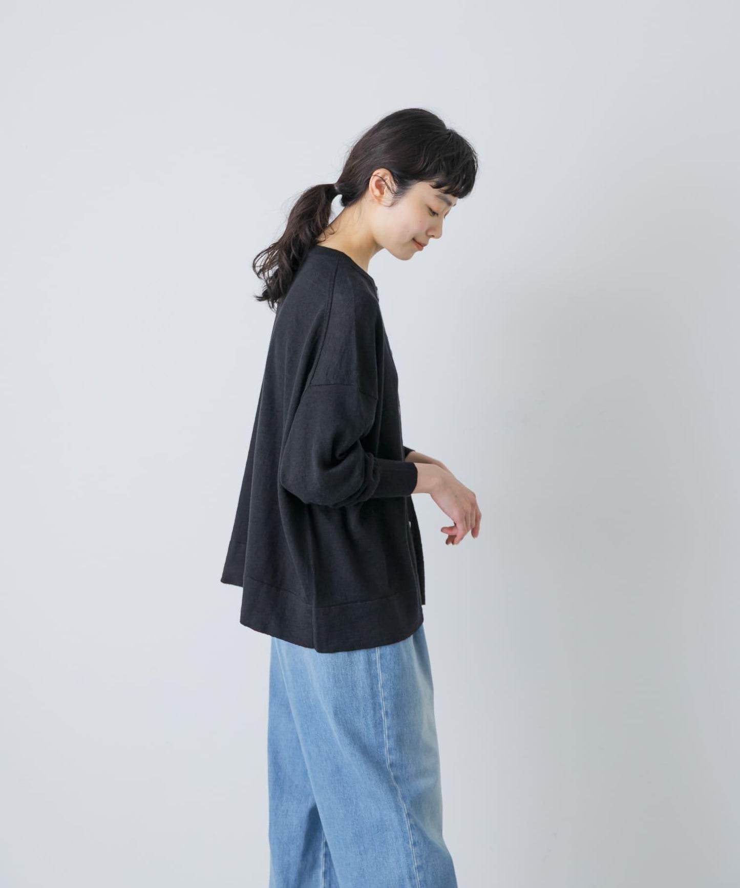 亞麻寬鬆圓領針織開衫