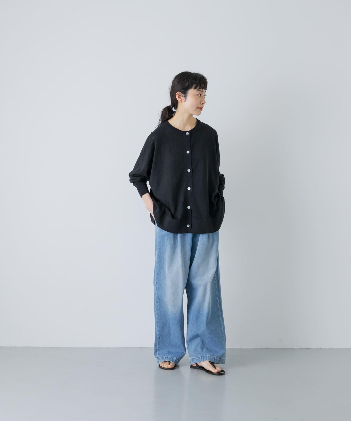 亞麻寬鬆圓領針織開衫