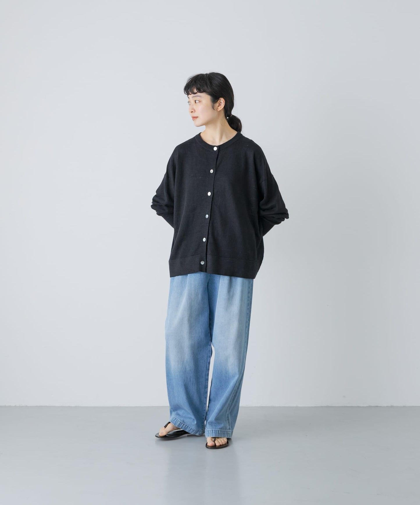 亞麻寬鬆圓領針織開衫
