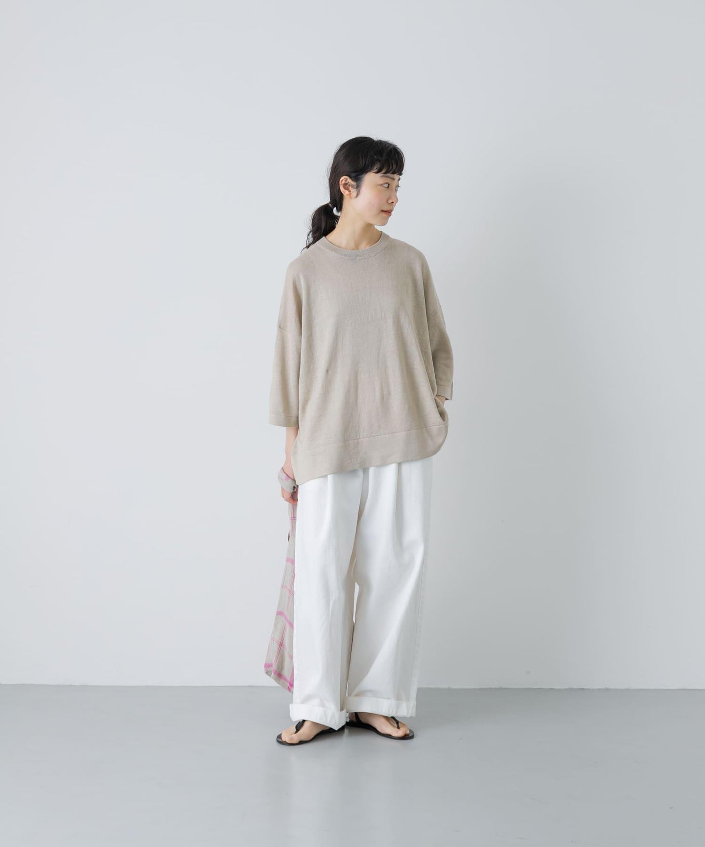 亞麻半袖圓領針織上衣