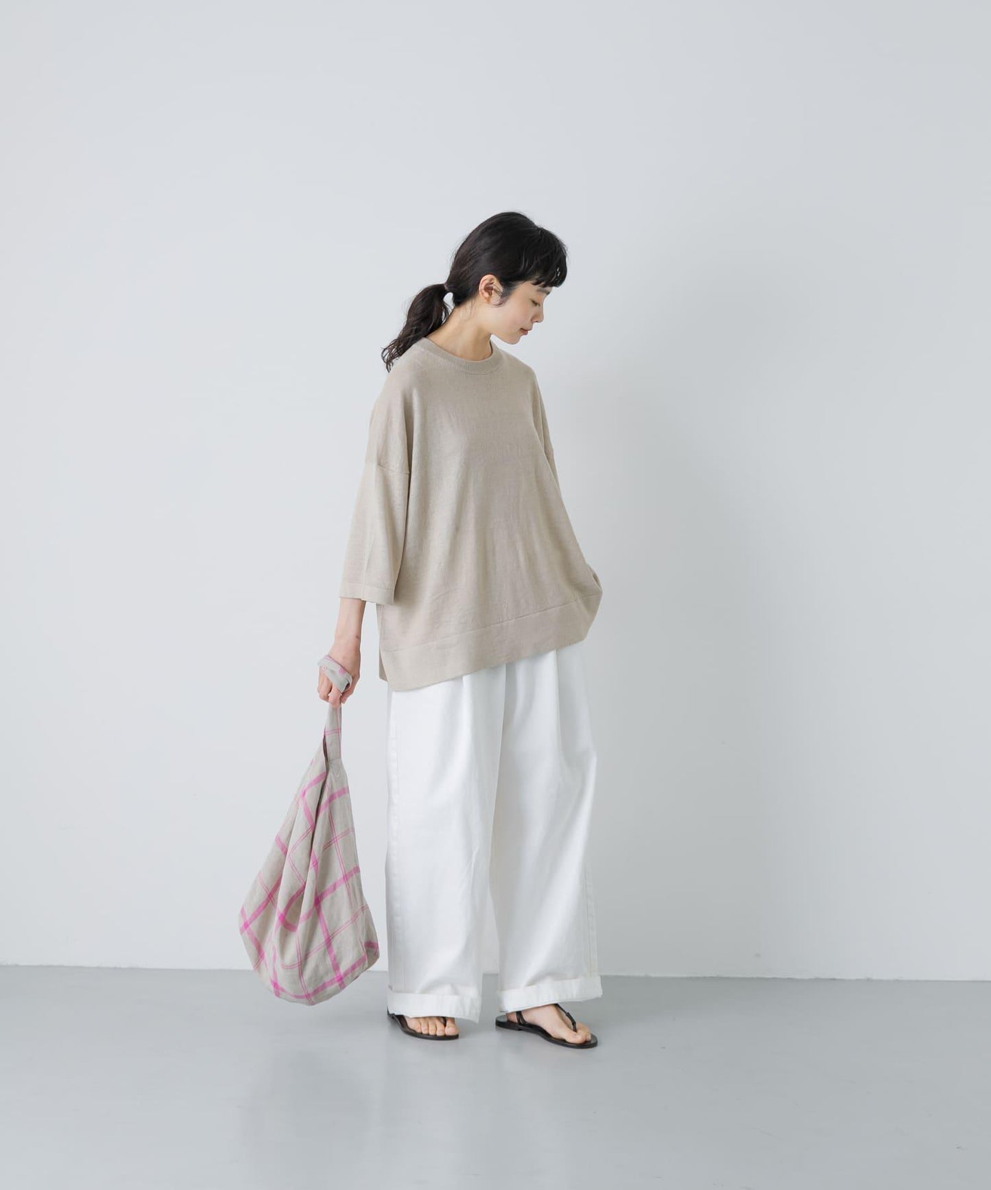 亞麻半袖圓領針織上衣