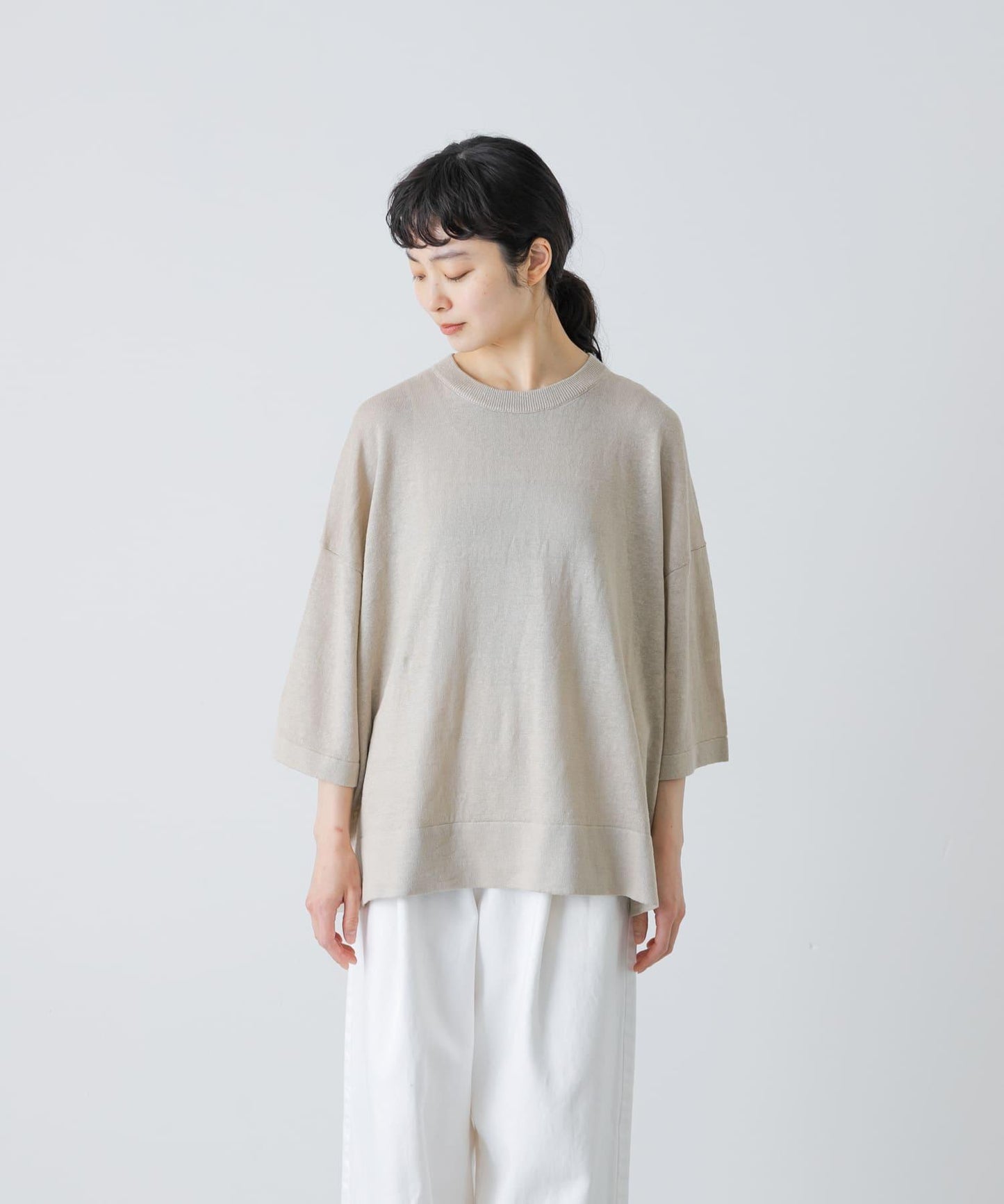 亞麻半袖圓領針織上衣