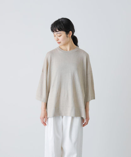亞麻半袖圓領針織上衣