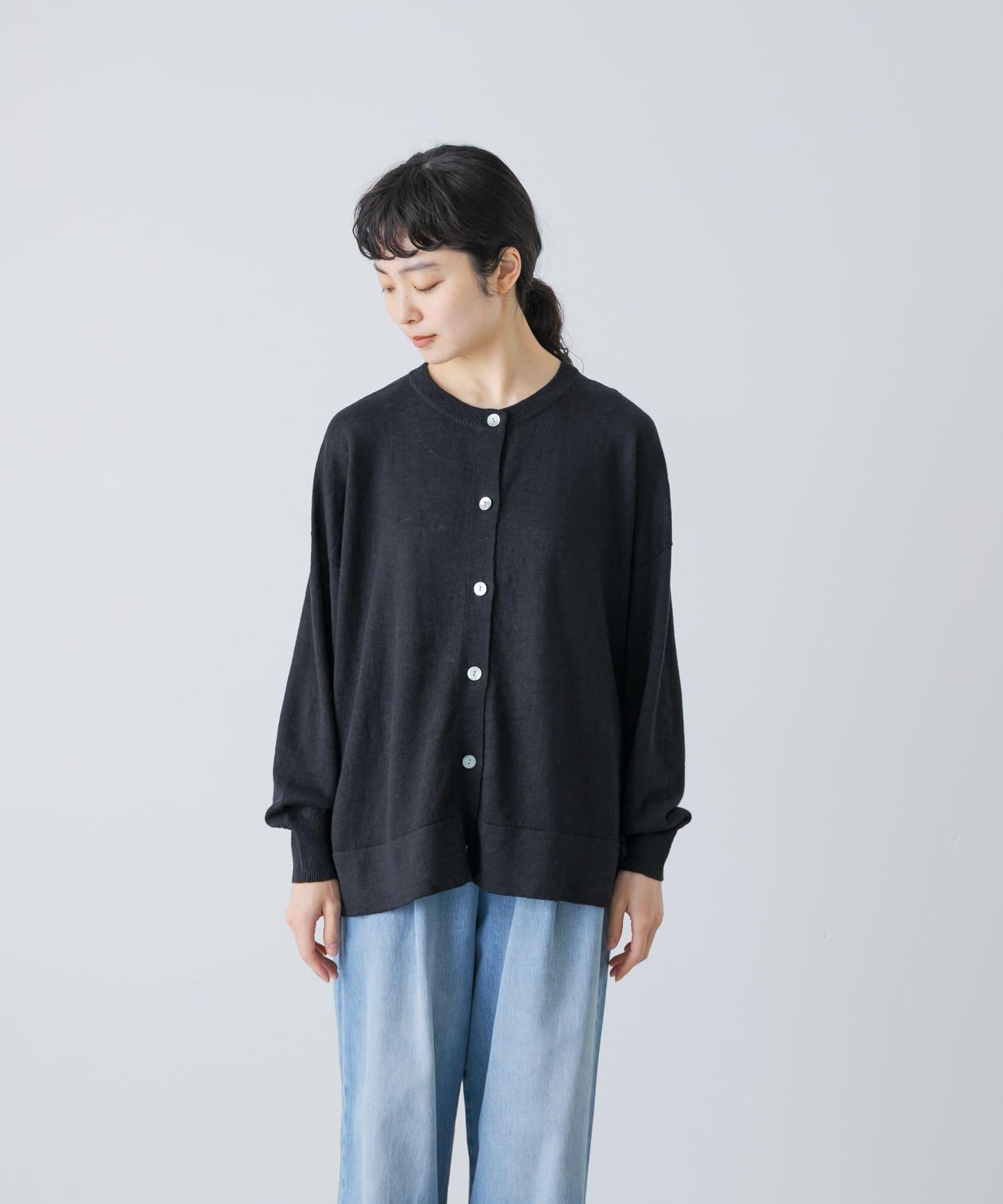 亞麻寬鬆圓領針織開衫