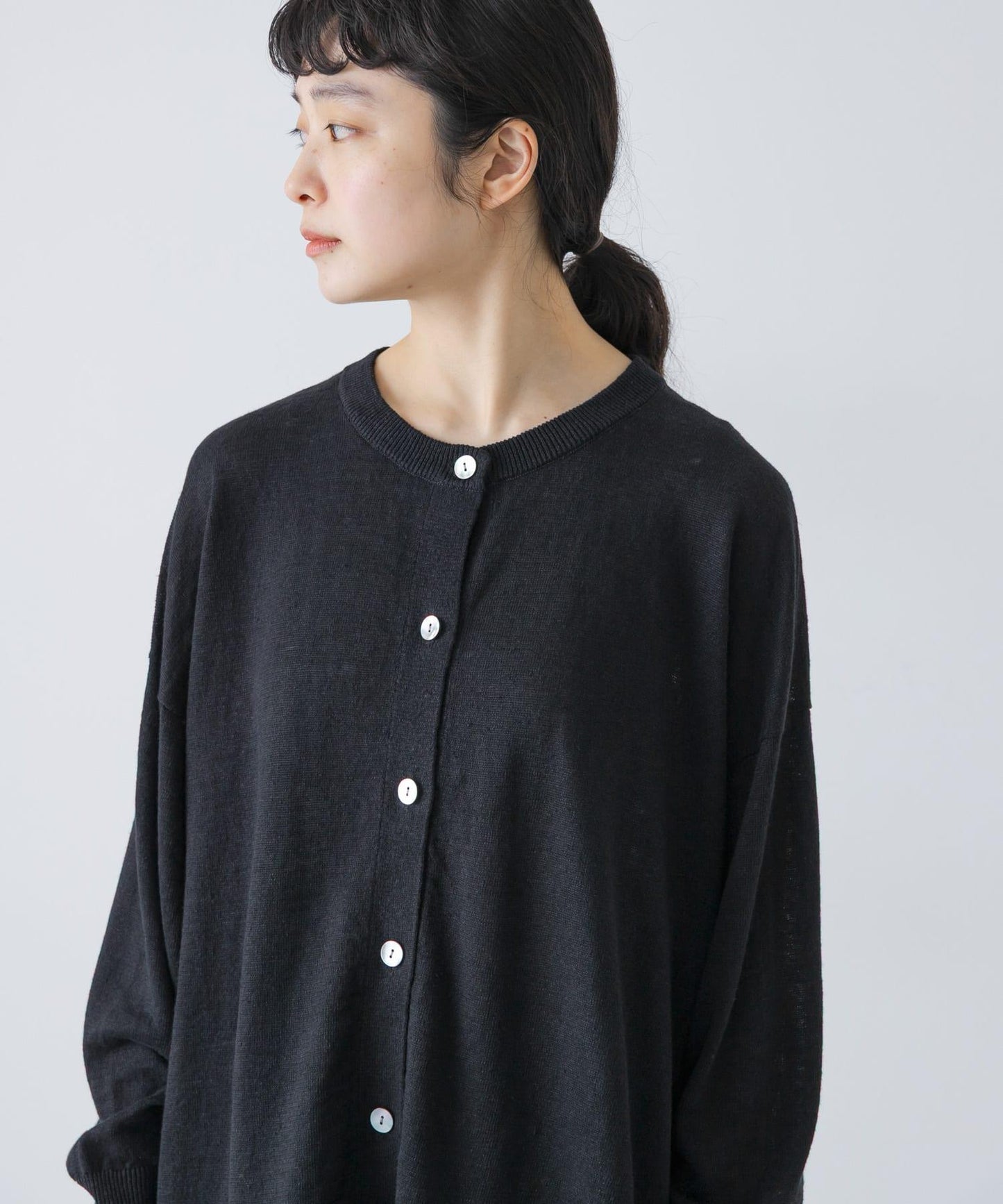 亞麻寬鬆圓領針織開衫