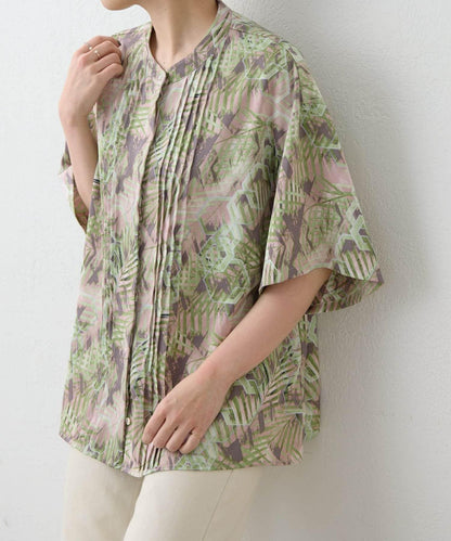 不易起皺輕量 短袖圖案打褶 女襯衫 SUM1 STYLE