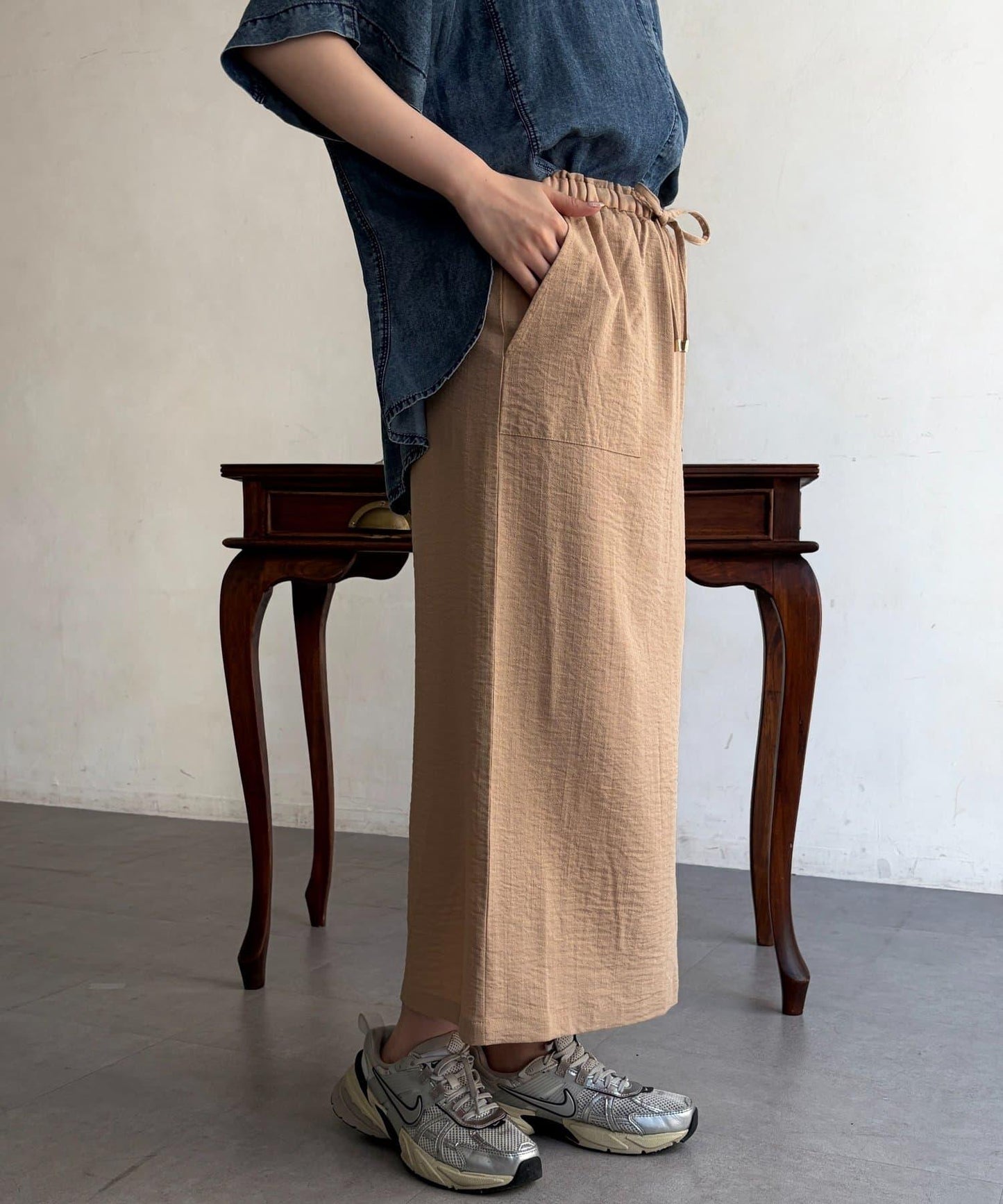 亞麻風腰帶窄版半身裙