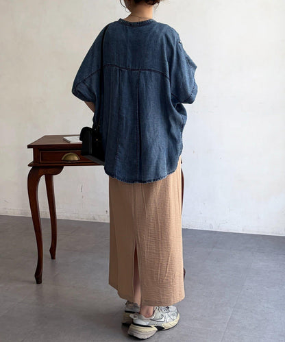 亞麻風腰帶窄版半身裙