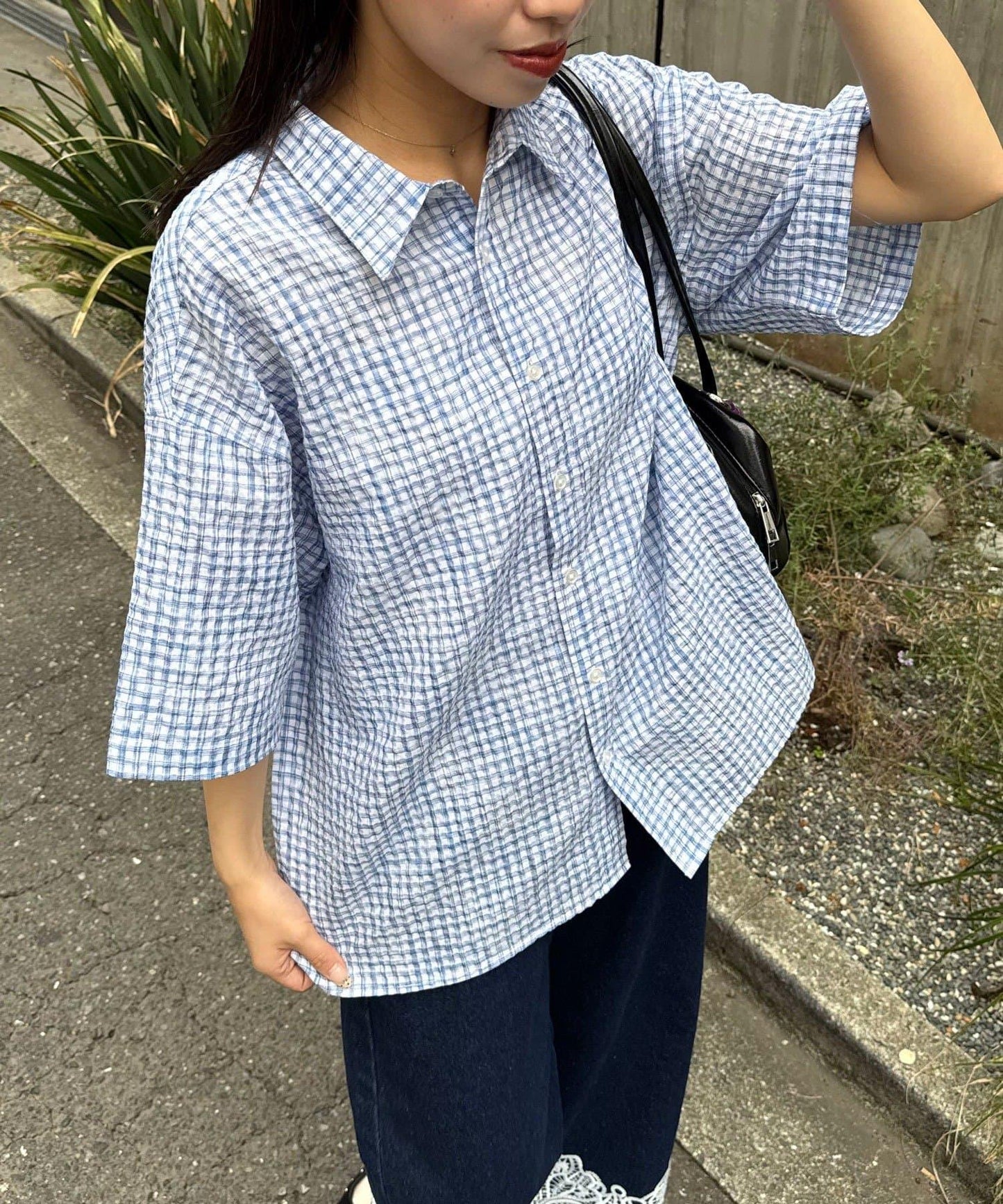格紋泡泡紗短袖襯衫