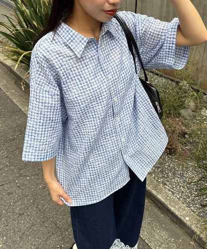 格紋泡泡紗短袖襯衫