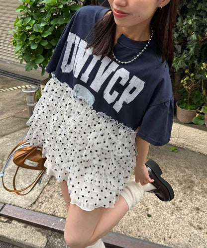 波點網紗拼接 學院風Logo印花 T恤