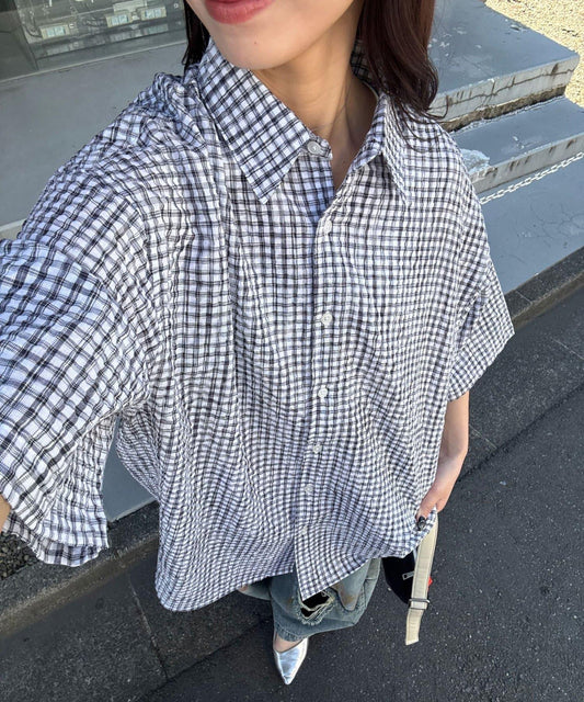 格紋泡泡紗短袖襯衫