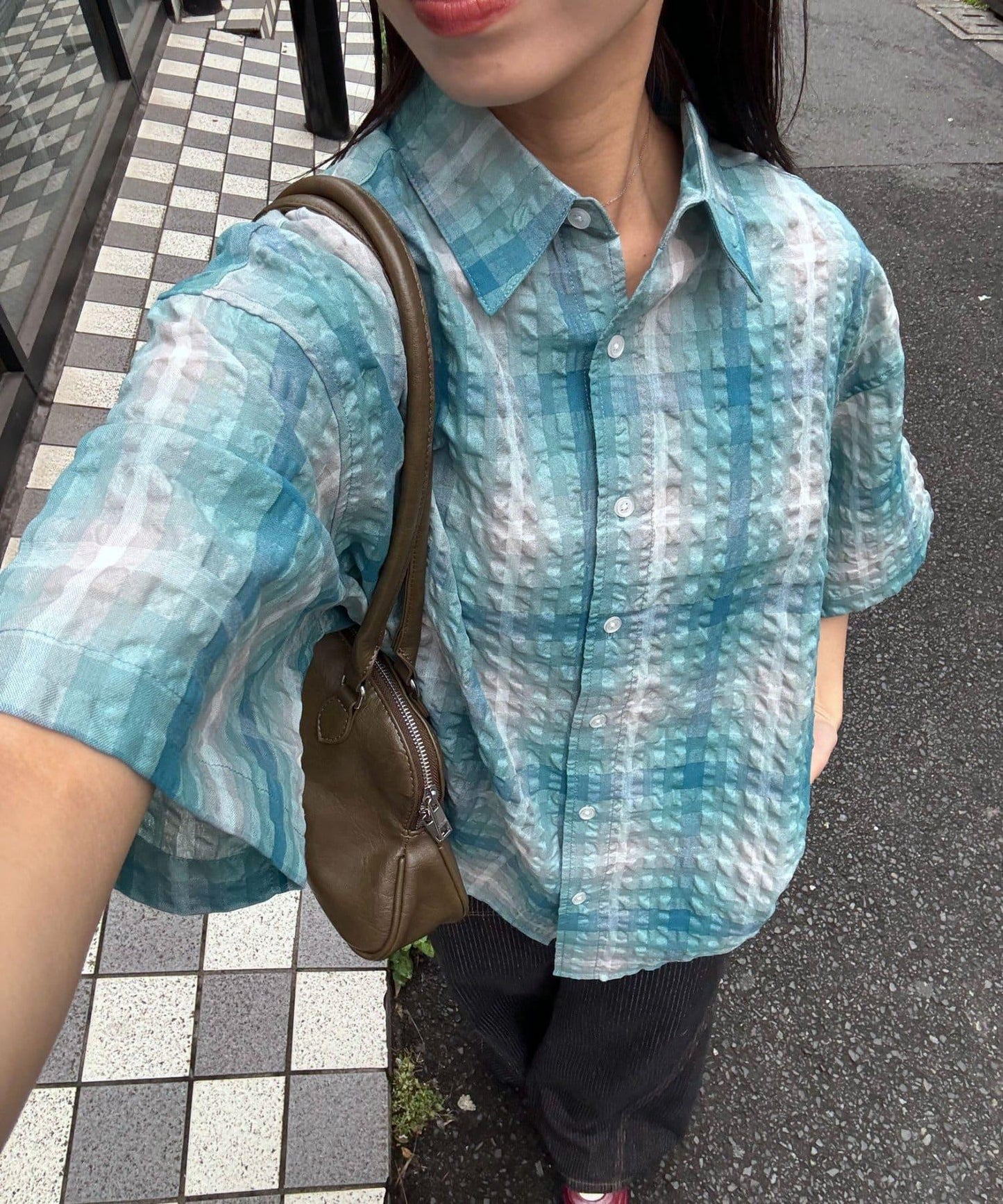 格紋泡泡紗短袖襯衫