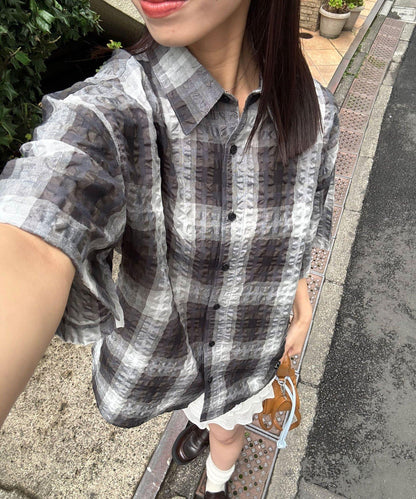 格紋泡泡紗短袖襯衫