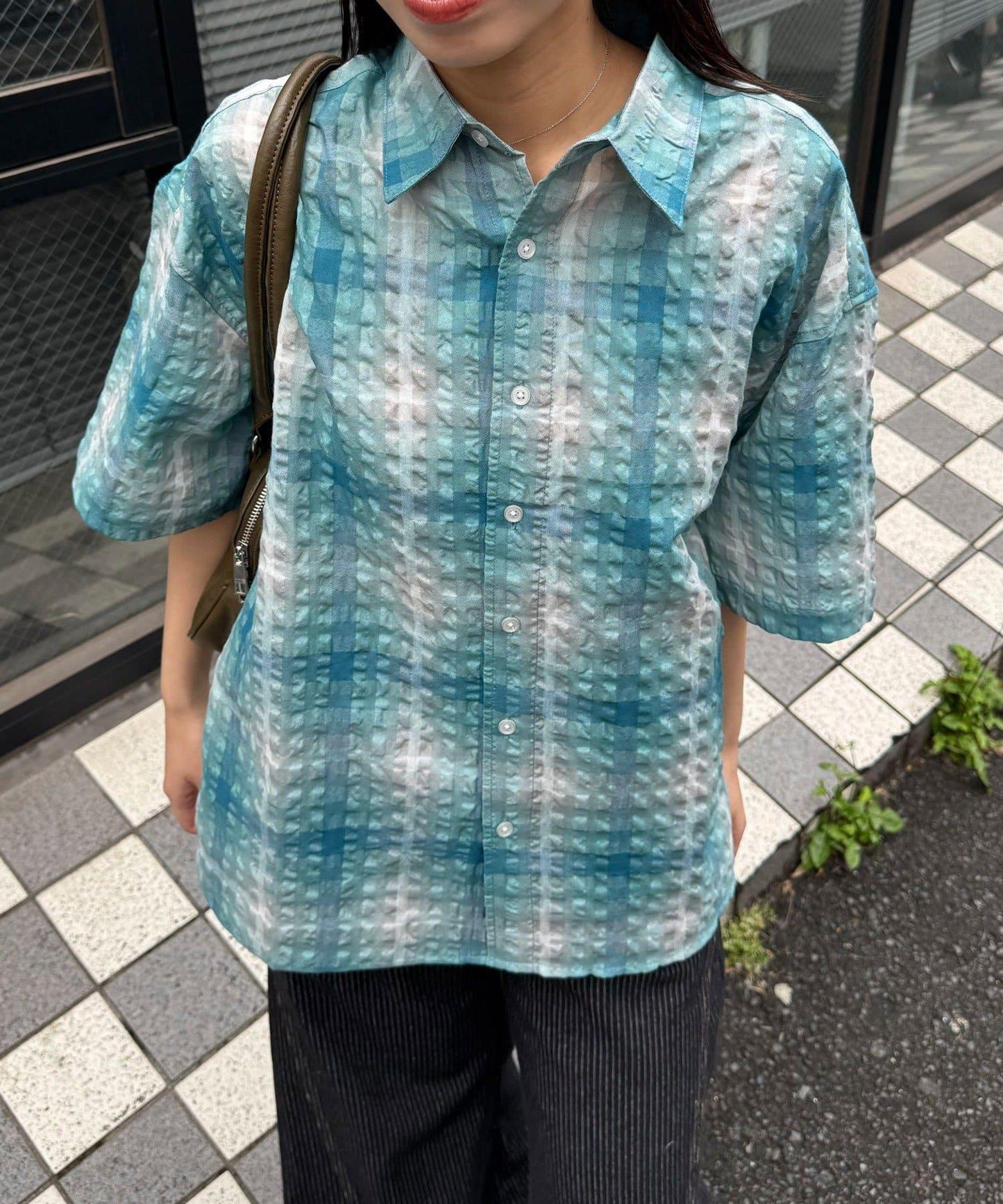 格紋泡泡紗短袖襯衫