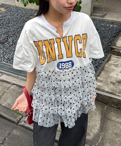 波點網紗拼接 學院風Logo印花 T恤