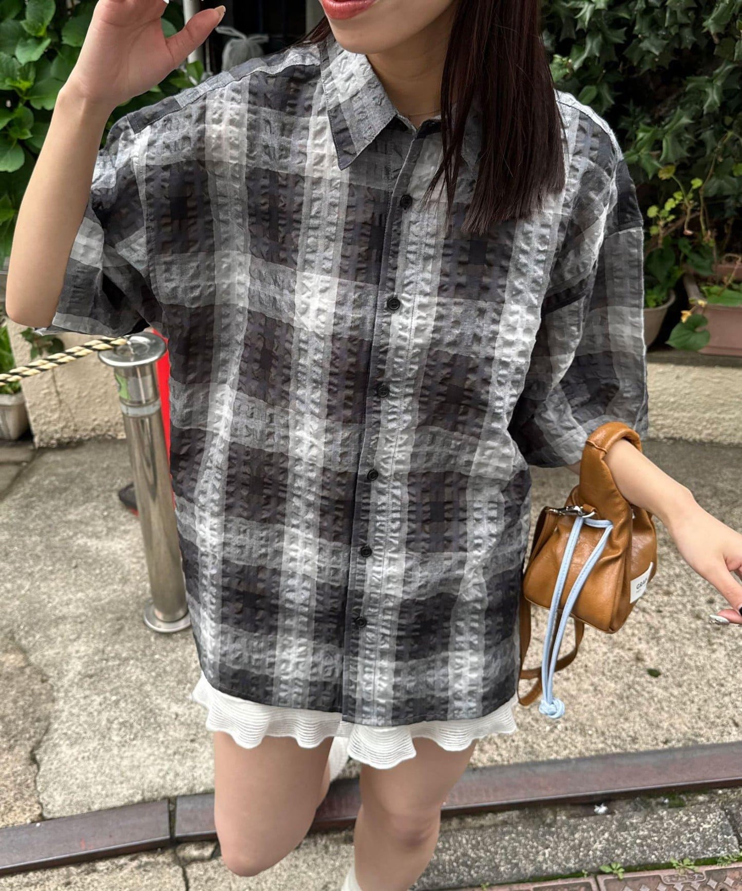 格紋泡泡紗短袖襯衫