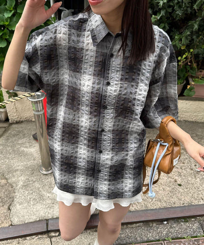 格紋泡泡紗短袖襯衫