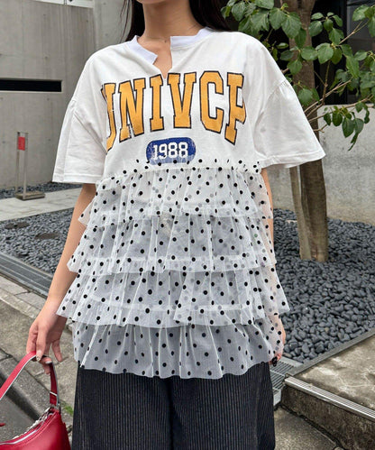 波點網紗拼接 學院風Logo印花 T恤