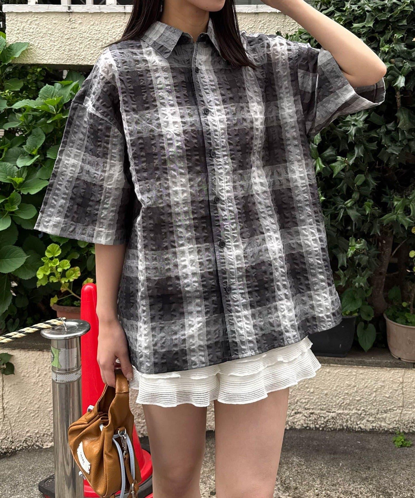 格紋泡泡紗短袖襯衫