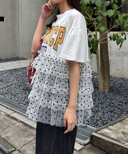 波點網紗拼接 學院風Logo印花 T恤