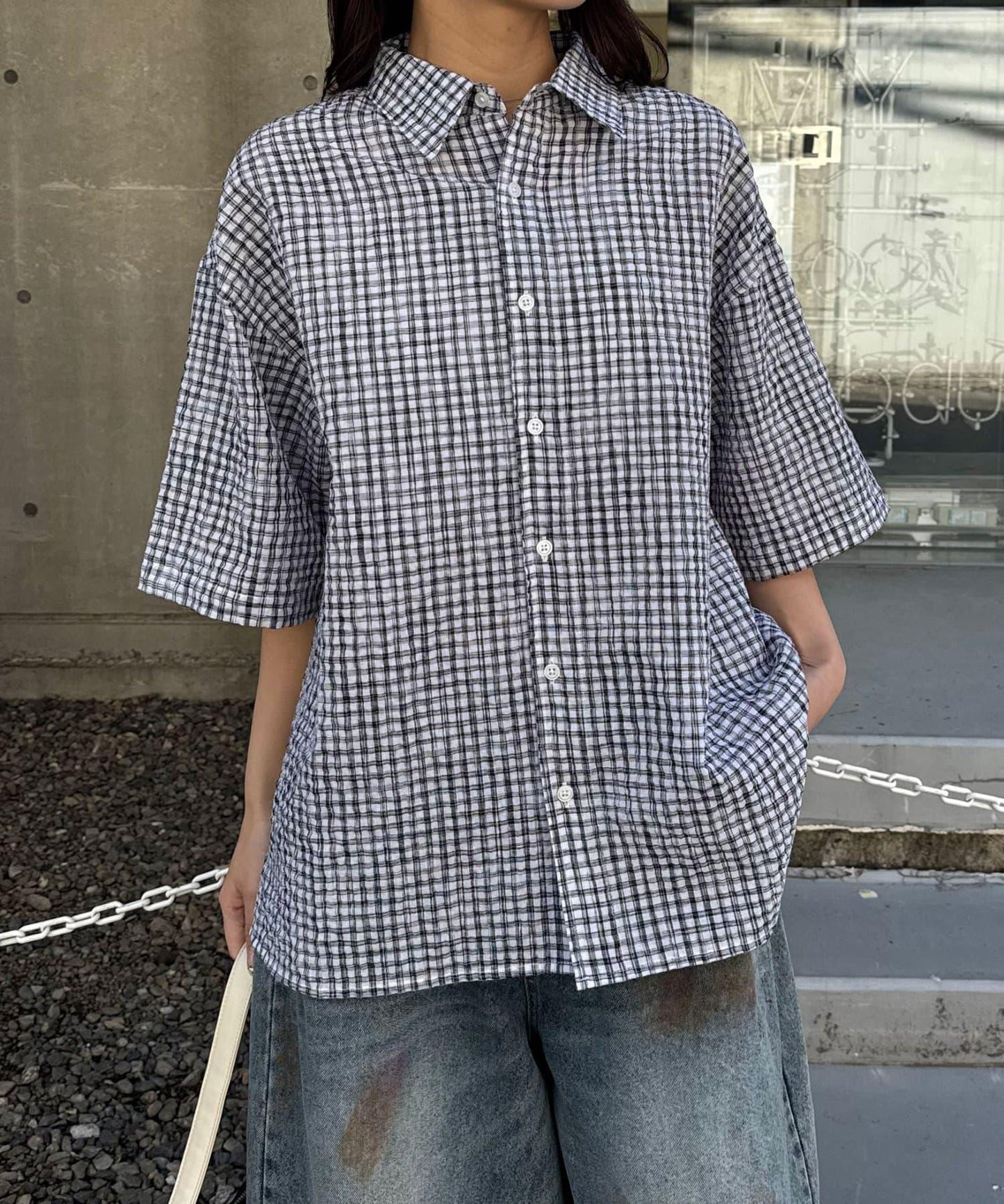 格紋泡泡紗短袖襯衫