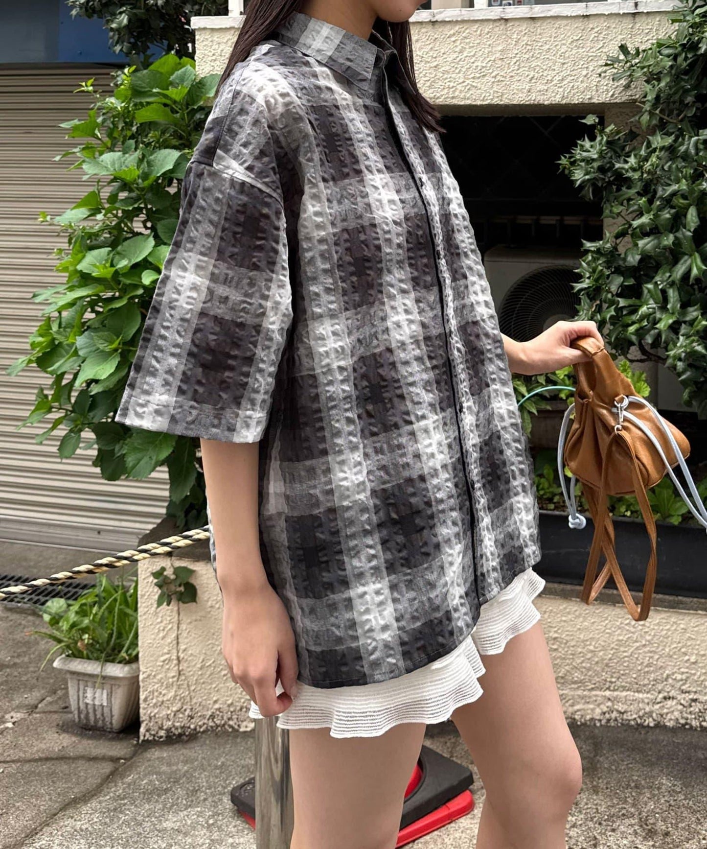 格紋泡泡紗短袖襯衫
