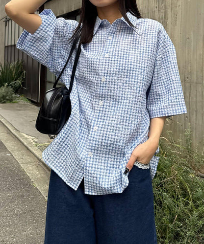 格紋泡泡紗短袖襯衫